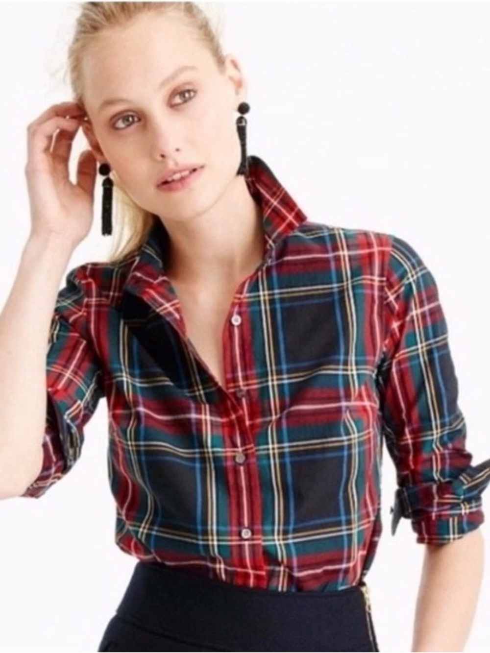 J. Crew Perfect Stewart Plaid Button-Down Shirt Size 0 Petite 100% Cotton
